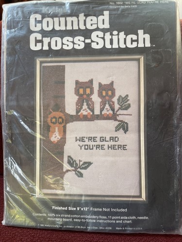 NEW Kelly’s Counted Cross Stitch Kit 1602 We're Glad You're Here Owls 1981