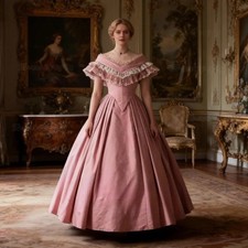 Vintage Victorian Pink Prom Dress Short Sleeves Pink Satin Ball Gown Princess