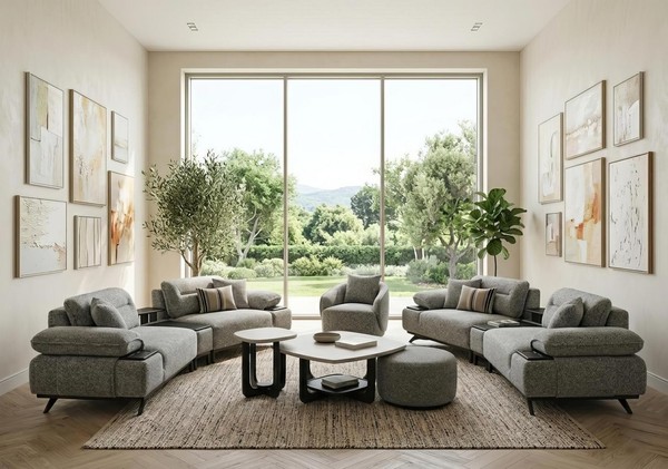 Sofa Set 3 Sitzer Sessel Couchtisch Hocker Modern Grau Edel Polster-image