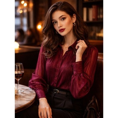 Express Burgundy Sheer Stripe Blouse XS Metallic Thread Button Romantic Boho