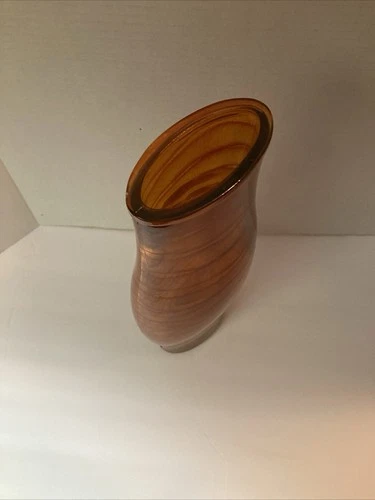 MCM Vtg Murano Style Hand Blown Studio Art Glass Orange/ Red Stripe Vase  1960s