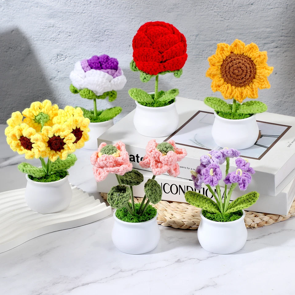 1 Pcs Crochet Flowers Knitting Six-Headed Daisy Pot Yellow-White Foto 4 de 4
