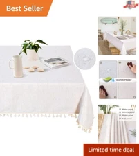 Elegant Beige Tassel Tablecloth - Heavy-Duty Cotton Linen for Dining Perfection