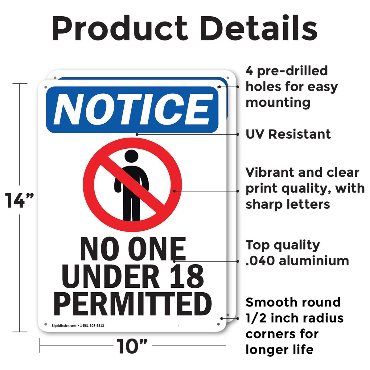 2 Pack) No One Under 18 Permitted OSHA Notice Sign Decal Metal