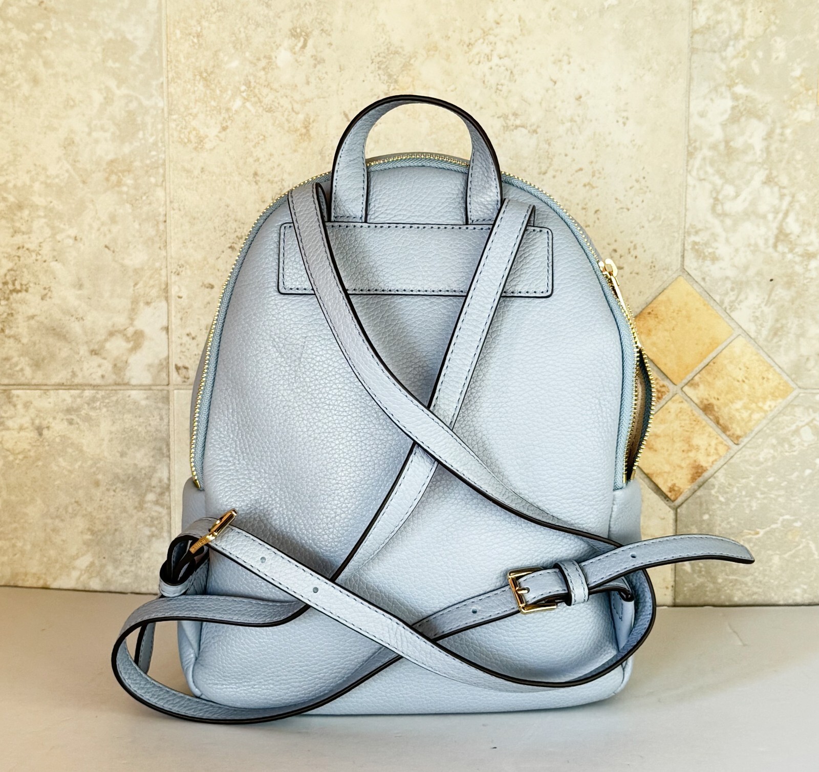 MICHAEL KORS ERIN MEDIUM BACKPACK PEBBLED LEATHER PALE BLUE/GOLD TONED ...