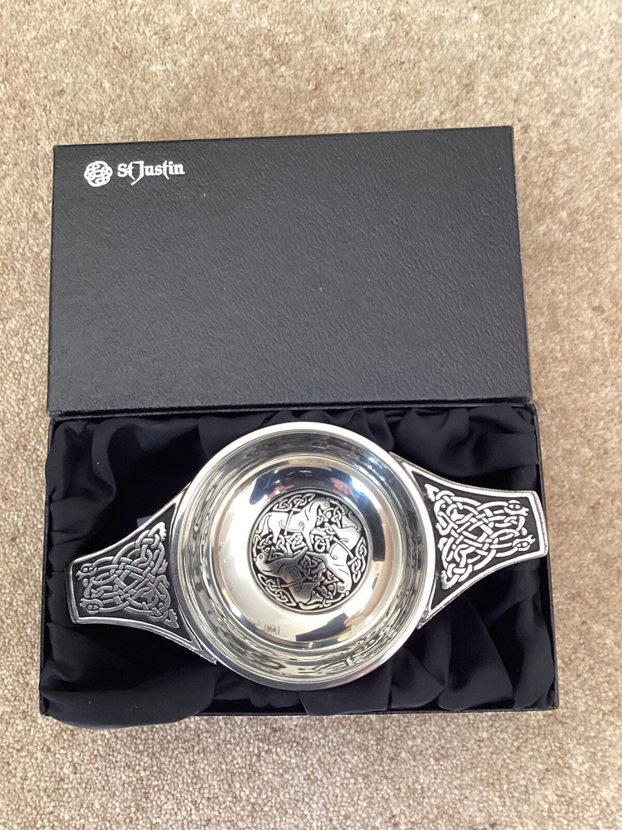 St Justin Pewter Quaich Drinking Bowl Celtic Inverune Horse Design 