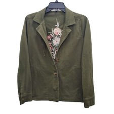 Just Fab Women's Olive Army Green Embroidered Boho Floral Utility Jacket Sz S