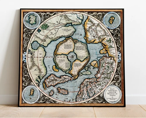 1595 Mercator Map of the North Pole Regions Wall Art Poster Flat Earth Print