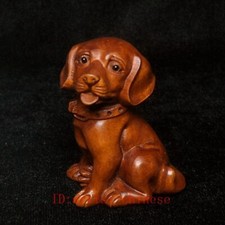 2 Inch Old Japanese Boxwood Hand carved vivid Dog Statue Netsuke Gift Collection