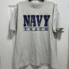 Vintage US NAVY Track T Shirt Made in USA Size XL Gray Single Stitch