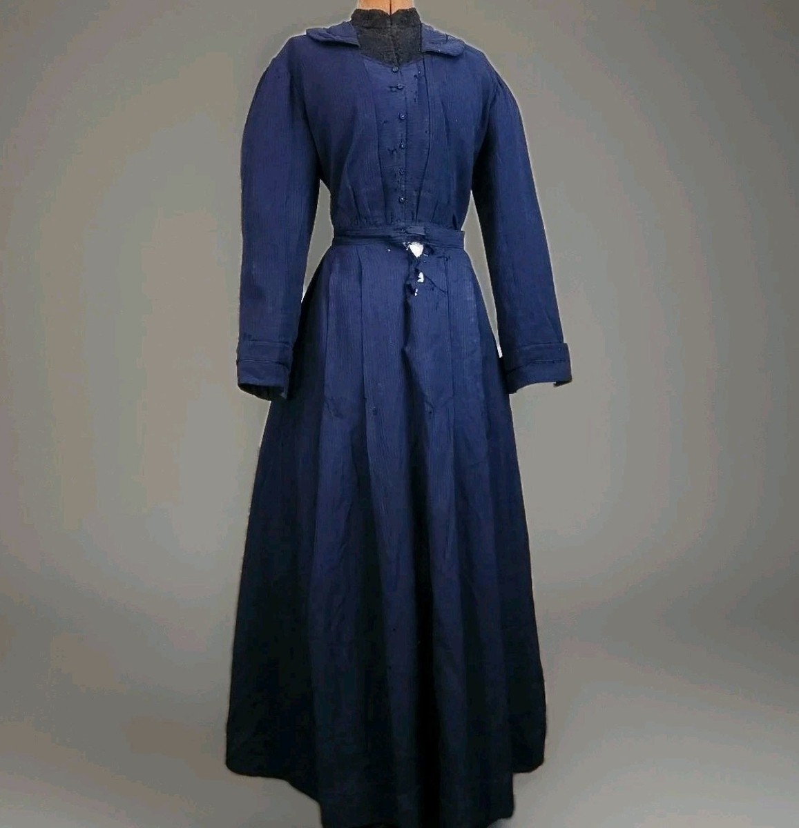 Antique Navy Blue Victorian Edwardian Maxi Dress Striped Victorian As is  Lace