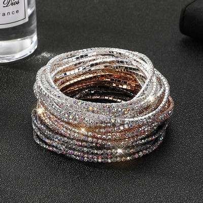 5 Pc Elastic Crystal Rhinestone Bracelet Women Gold Tone Round Chain Jewelry