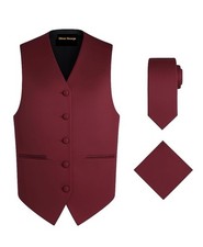 Men's 3pc Solid Tuxedo Waistcoat Dress Vest Bow-Tie Set Burgundy 2XL