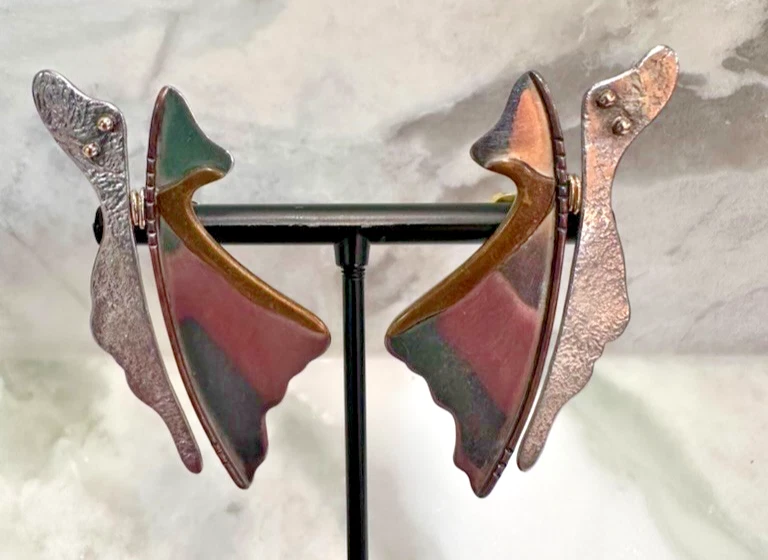 Pendientes modernistas KY firmados artesanalmente de colección de oro de 14 quilates de plata de ley mezcla de metal Foto 2 de 4