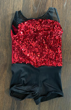 WEISSMAN Girls LEOTARD Gymnastics Dance BLACK Red Sequin Lined Size 1C 7/8 
