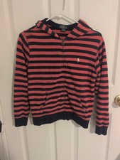 Polo Ralph Lauren Boys Hoodie Size M 10-12 Red Navy Striped Full Zip Pony Logo