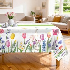 Tulip Spring Floral Table Cloth Rectangle Machine Washable Summer Lavender Ta...