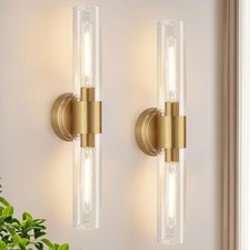 Brushed Gold Wall Sconces Set of 2 Hardwired Modern Clear Glass Bathroom Vanity
