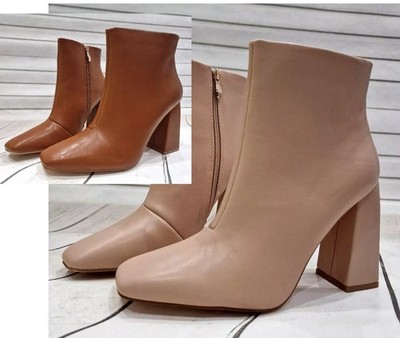 Damen-Stiefeletten beige camel Blockabsatz Reißverschluss halb eckige Zehenpartie Schuhe