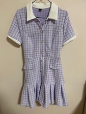 Tweed Shirt Dress Woman’s Large Purple White Belted Short Sleeve Collared Mini