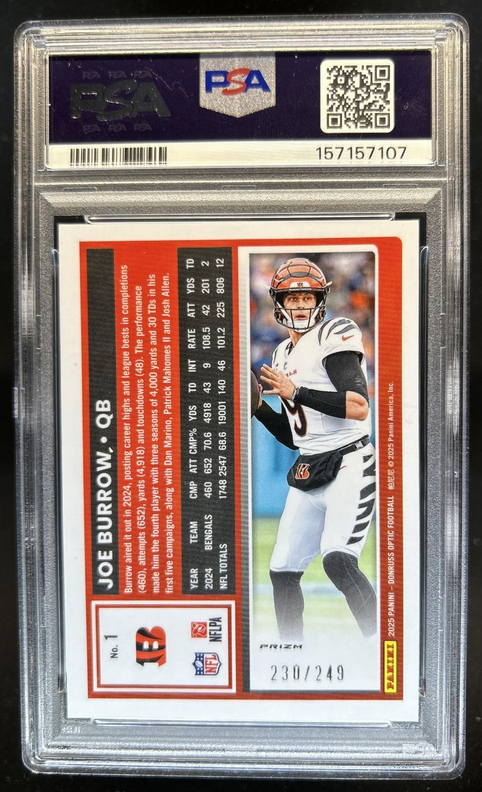2025 Panini Donruss Optic Joe Burrow Blue Prizm #/249 Bengals PSA 9 view 2