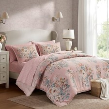 Floral Comforter Set Size, Vintage Flower Bedding Set with Sheet Queen Pink