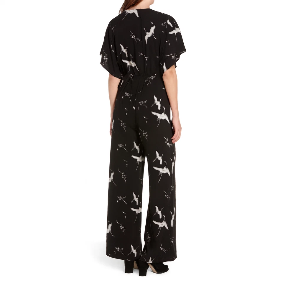 Mono Leith Crane Bird Pierna Ancha Para Mujer Pequeño Negro Cuello en V Cinturón Informal Boho Foto 2 de 4