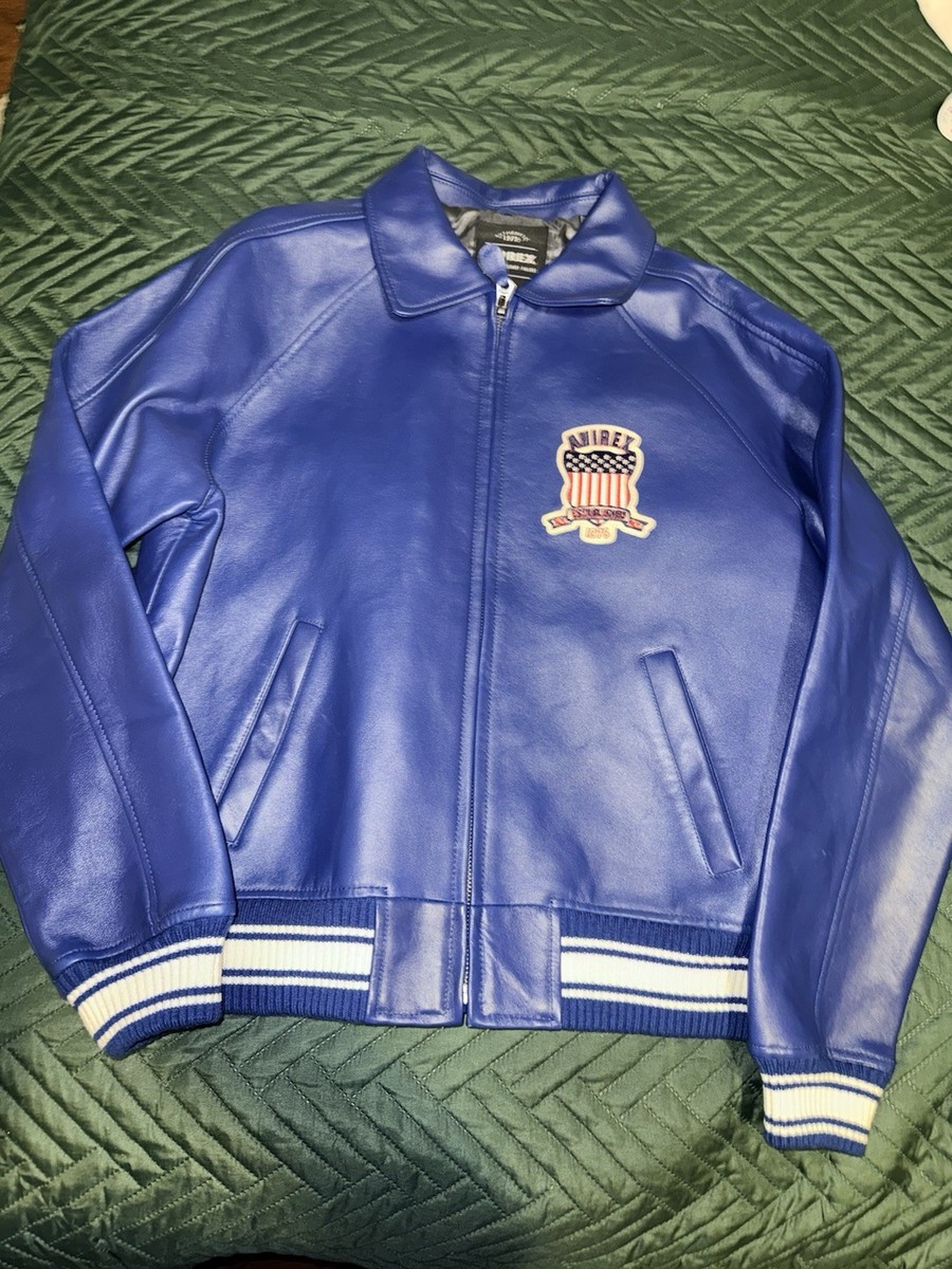 【IO着用】AVIREX SIGNATURE VARSITY JACKET Avirex Blue Varsity Leather Jacket Men's USA Embroidered Logo