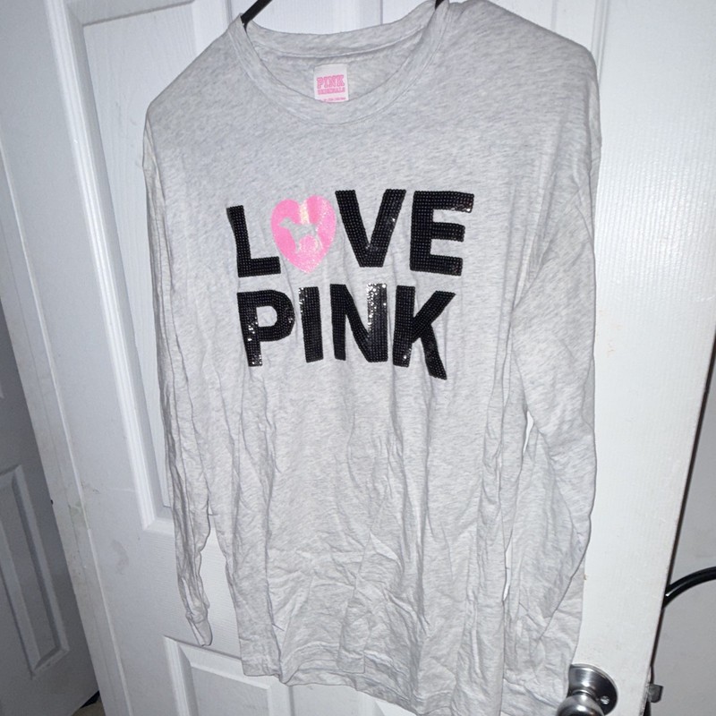 PINK Women’s Gray XS Long Sleeve Crew Neck Pullover LOVE Graphic Sequin Tee