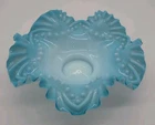 Antq Victorian Hand Blown Blue Milk Glass Ruffled Brides Basket Star Dish