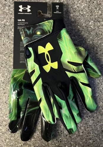 Under Armour Adult M Glue Grip Black Green Running Back Football Gloves UA F8