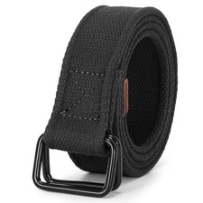 Men Canvas Double Ring Belt Plus Size Men Fits Waist Size 45"-50" Solid Black