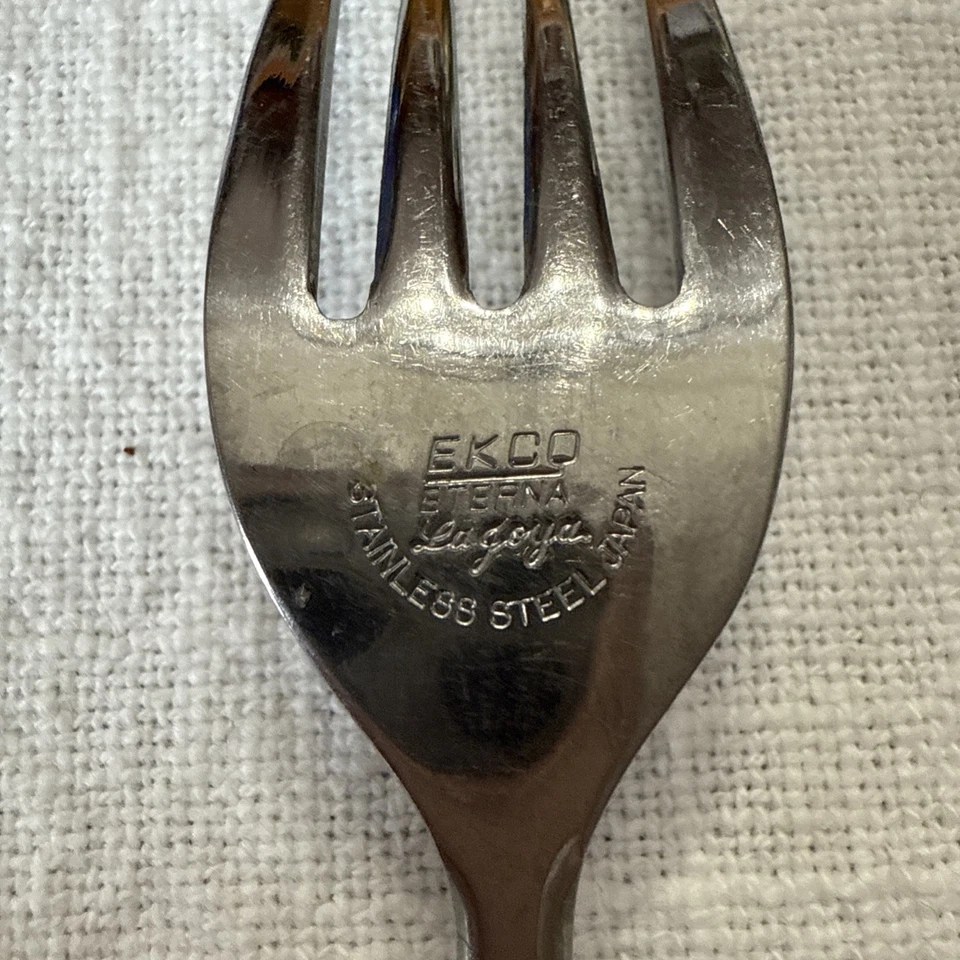 "Tenedor para servir asas de madera vintage Ekco Eterna LA JOYA acero inoxidable Japón MCM 7""" Foto 3 de 4
