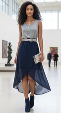 NWT Dex Navy Blue High Low Gray/Blue Elastic Waist Midi dress S