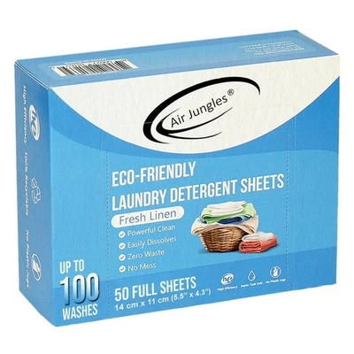 AIR JUNGLES Laundry Detergent Sheets 50 ct, Fresh Linen Scent, 100 Washes, Eco-Friendly
