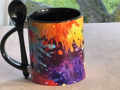 New Black Mug Paint Splatter W/Latte Spoon Coffee Cup Sympathy Prayer Fast Ship