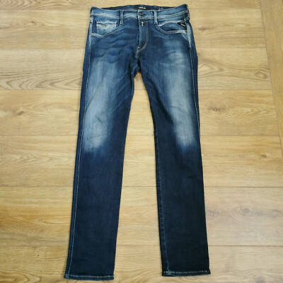 Replay Anbass Jeans Herren W32 L34 blau Skinny Fit Denim Stretch Reißverschluss M914