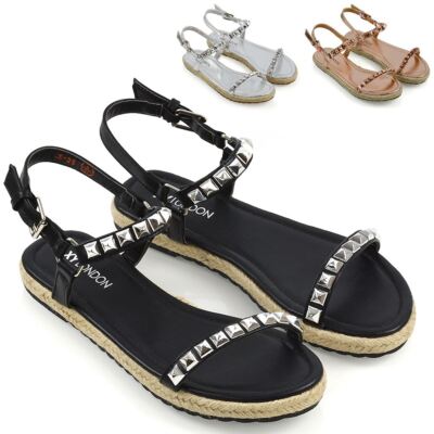Flache Damen-Espadrilles mit Riemchen und Nieten Plateau Sommer Urlaub Sandalen