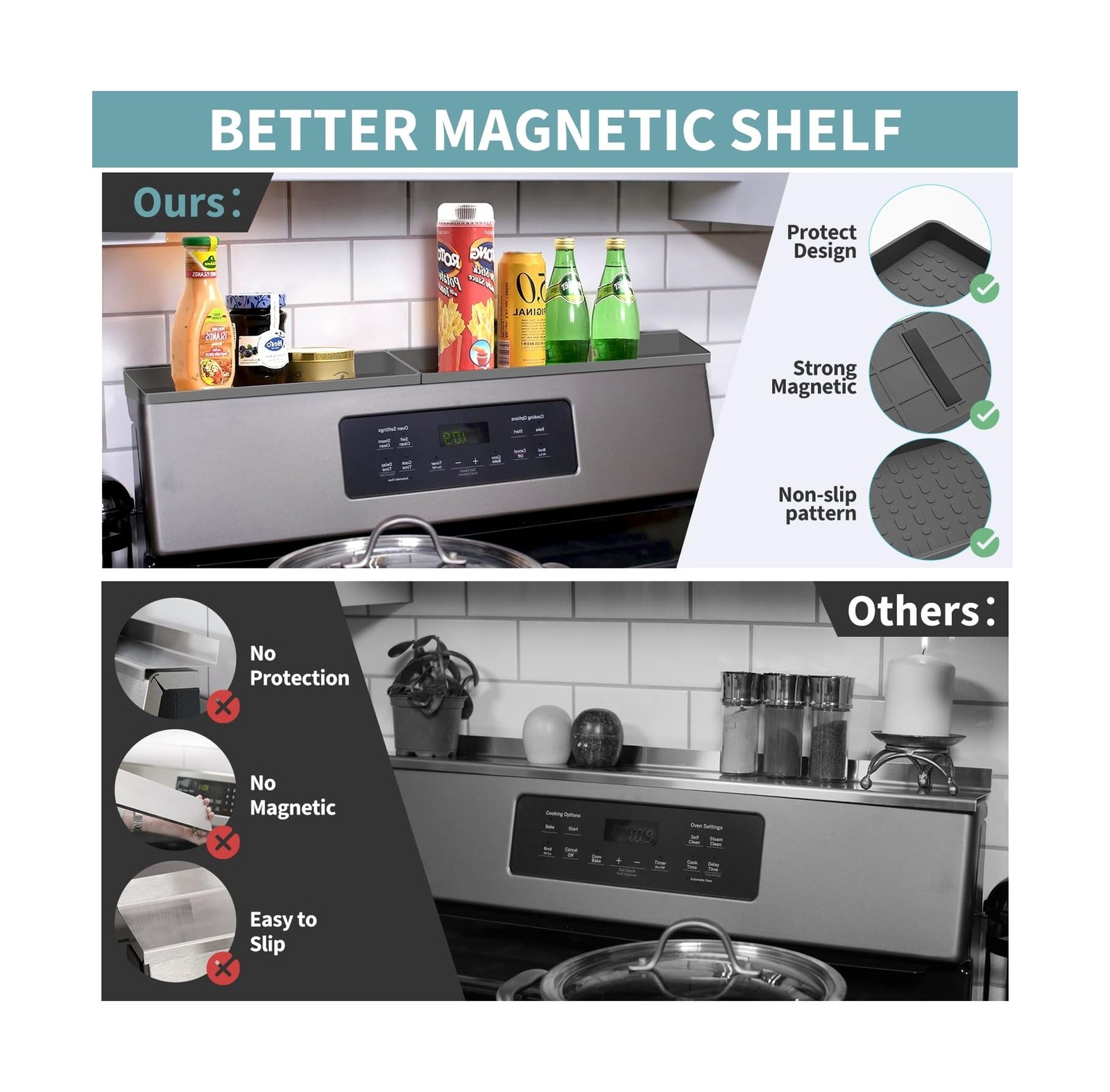 BFONS 30" Magnetic Stove Top Shelf Spice Rack Storage, Silicone Top... Fast Ship