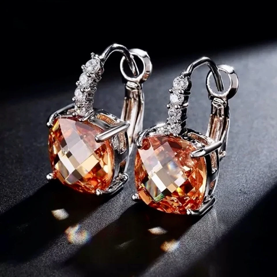 Brincos femininos folheados a ouro branco 14k 5 CTW laranja morganita almofada gota - Imagem 2 de 4