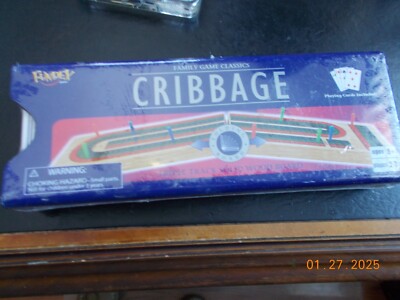 New Sealed Fundex Solid Wood Folding Triple Track Cribbage Game w/ Playing Cards