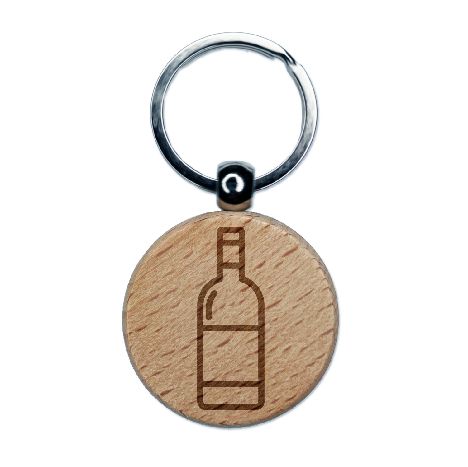 Wine Bottle Icon Engraved Wood Round Keychain Tag Charm