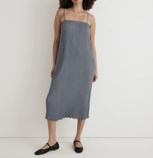 NWT Madewell Womens The Goldie Dress 4 In Plisse Midi Slip Pleated Teapot Blue