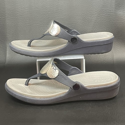 Crocs Sanrah Embellished Wedge Thong Flip Flop Women’s Sz 10W Navy Blue Silver - Picture 5 of 10