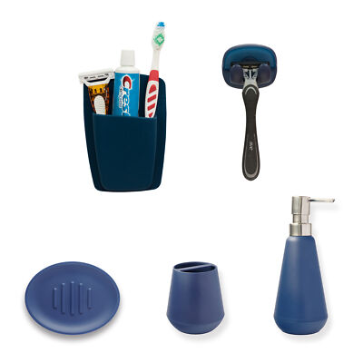 Sttelli 5-Piece Bathroom Essentials Bundle, Soap Dispenser & Accessories (Navy)