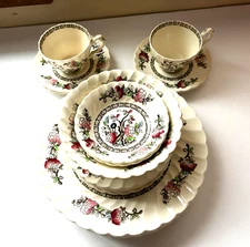 Vintage 20-pc Set Staffordshire Myott Indian Tree Fluted Plates Bowls Teacups 