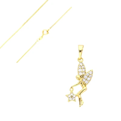 BIJOUTERIE PAPILLON BLEU Collier - Enfant - Pendentif - Fée Clochette - Cristal - Blanc - Plaqué Or Jaune