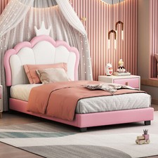 Twin Size PU Upholstered Princess Bed W/ White Crown Headboard Wood Slatted Pink