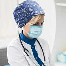 GEYOGA Floral Blue Scrub Cap Doctor Nurse Bouffant Hat Adjustable Head Cover 
