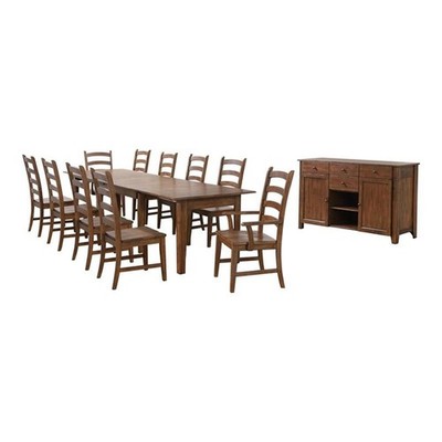 Simply Brook 12-PC 62-134'' Expanding Dining Table Set & Buffet Amish Brown Wood